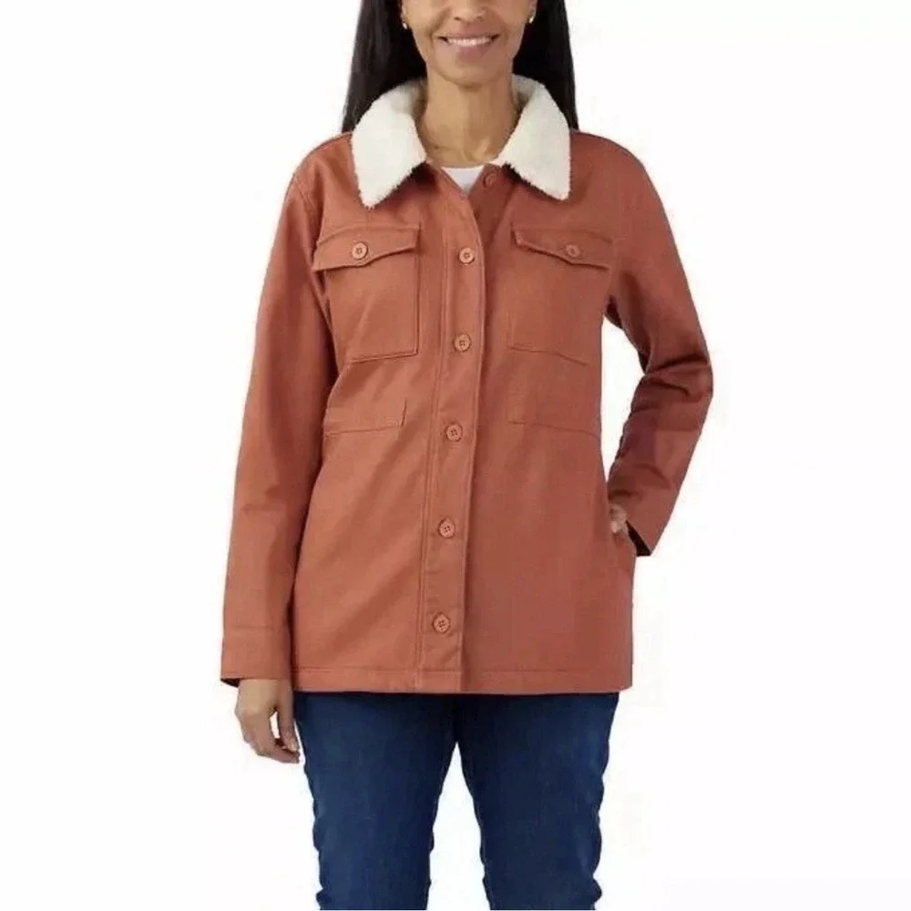 Hang‎ Ten Sherpa Lined Jacket Women M Button Front Utility Coat Salmon Rust Tan